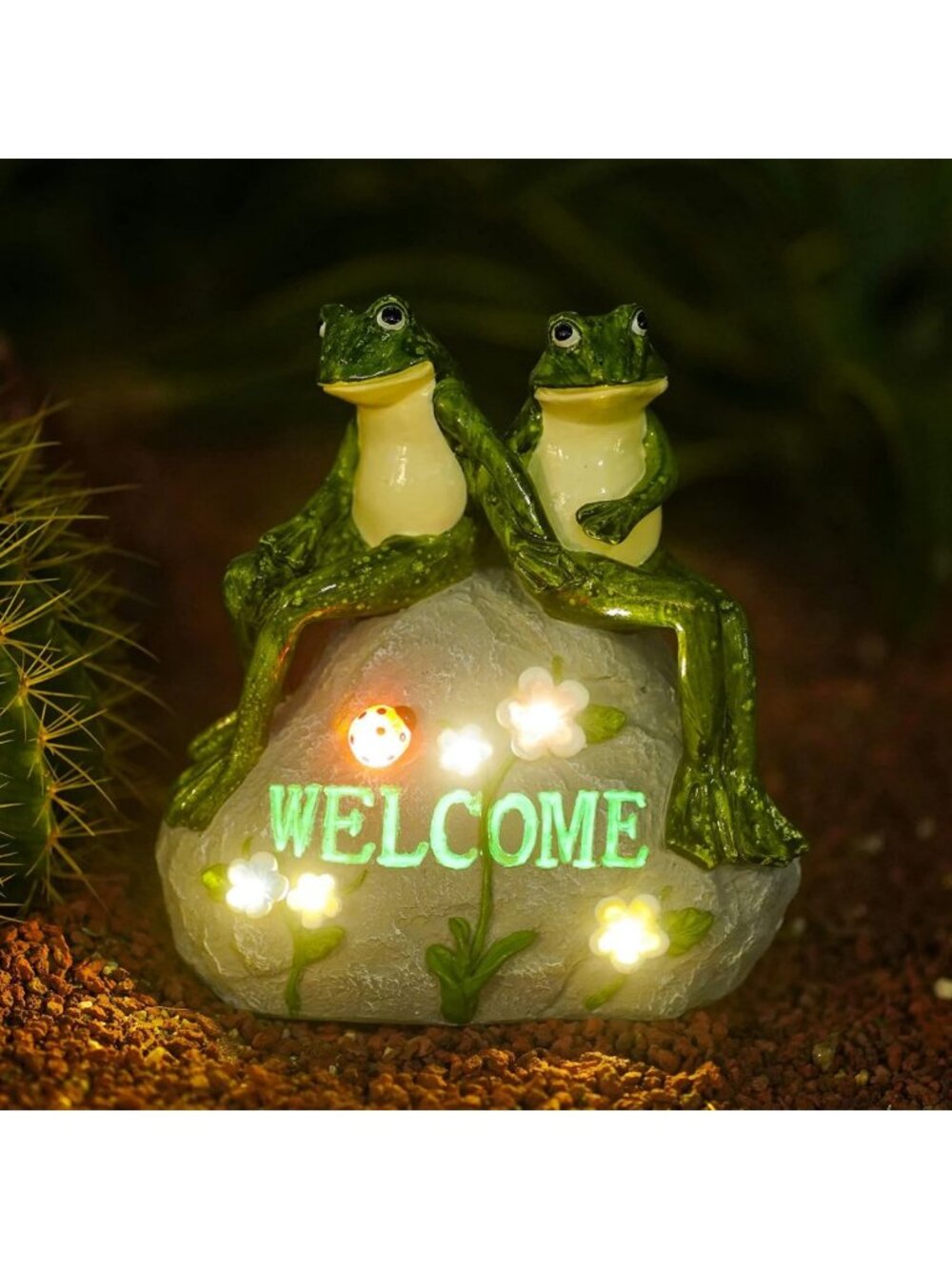 Solar Frog Garden Statue with Succulent & 7 LED Lights - Charming Outdoor Decor